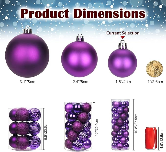 1.57" Purple Christmas Balls Ornaments 40 Pcs Shatterproof Christmas Ornaments Set Halloween Balls Ornaments Dark Purple Ornament for Xmas Tree Holiday Party