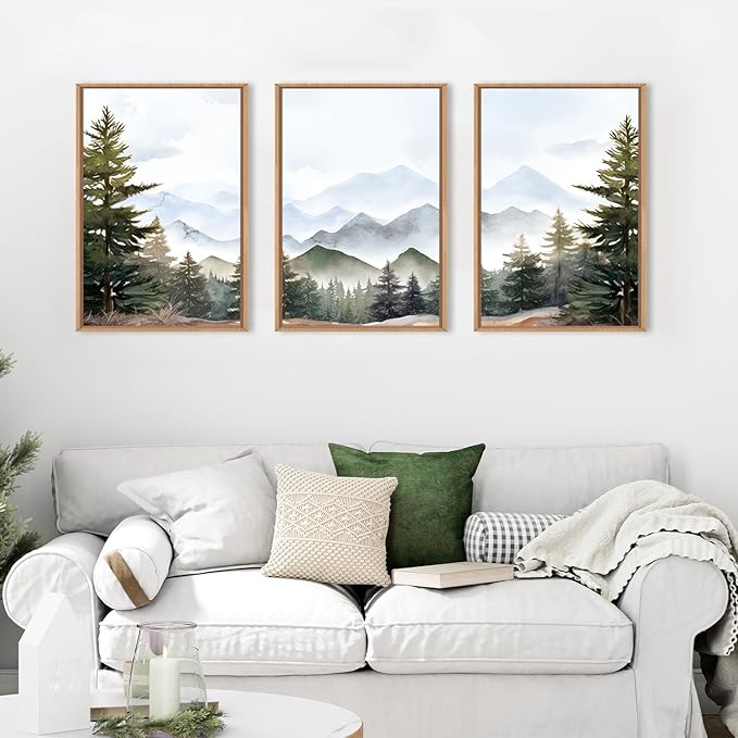 KAIRNE Framed Mountain Canvas Wall Art Set, Misty Forest Wall Decor, Green Pine Tree Wall Painting, Nature Widerness Landscape Art Print for Living Room, Bedroom, Study, Gallery - 24"x36"x3