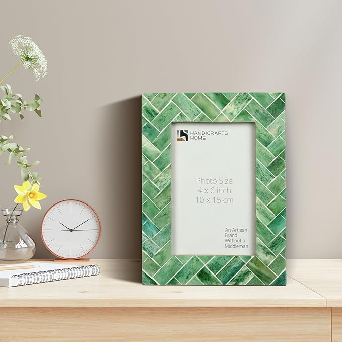Handicrafts Home 4X6 Decorative Picture Frame, Christmas Decor, Bone Inlay Green Leaf Collection Photo Frame for Home & Shelf Decor– Vintage Frames for Gallery Wall, Desk Decor, Holiday Giftings