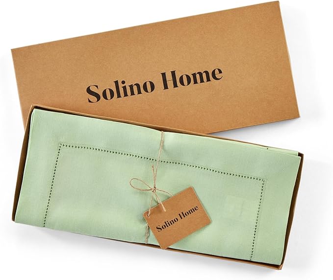 Solino Home Linen Table Runner 90 Inches Long - 100% Pure Linen Light Green Table Runner 14 x 90 Inch for Spring, St Patricks Day, Easter - Classic Hemstitch