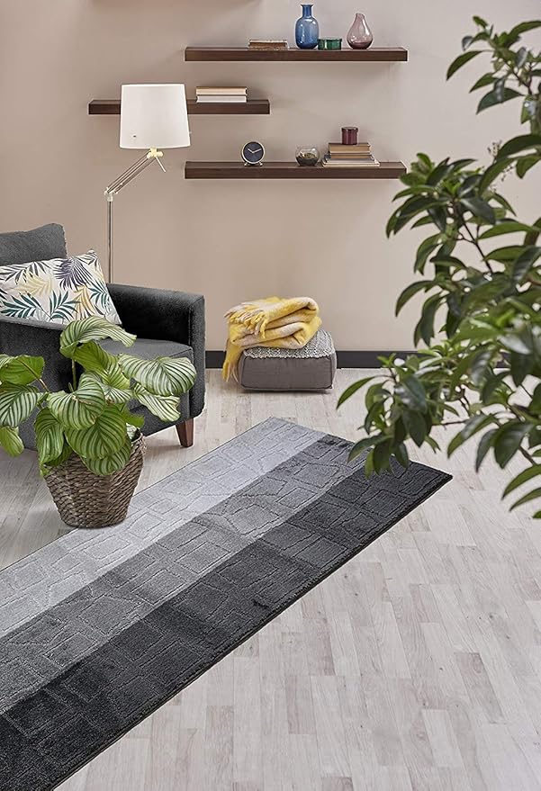 Custom Size Hallway Runner Rug, Slip Resistant, 26 Inch Wide X Your Choice of Length, Squares Anthracite, 26 Inch X 24 feet