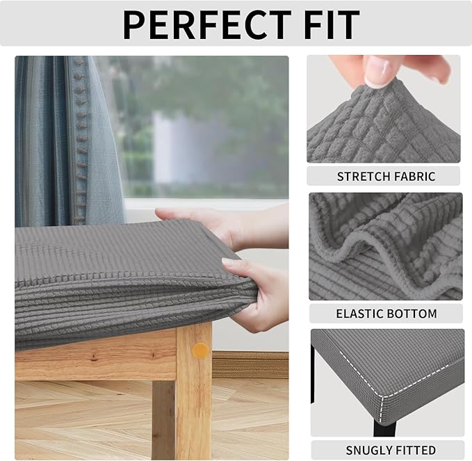 Easy-Going 100% Waterproof Seat Covers for Dining Room Chairs, Stretch Jacquard Chair Seat Slipcovers Removable and Washable Kitchen Dining Chair Covers (Set of 6, Light Gray)