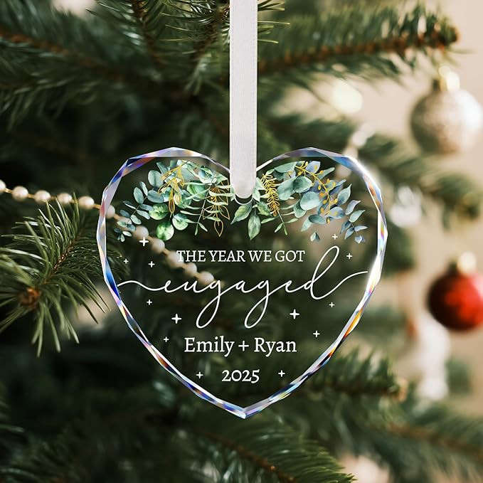 Engagement Ornament 2025 - Engagement Gifts for Couples - Personalized Engaged Ornament for Xmas Tree, Women, Fiance, Her - Bride to Be Gifts, Crystal Glass Engagement Christmas Ornaments