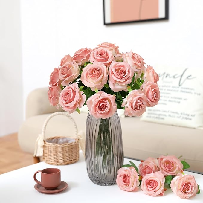 Nubry Artificial Silk Rose Flower Bouquet Lifelike Fake Rose for Wedding Home Party Decoration Event Gift 10pcs (Gradient Light Pink)