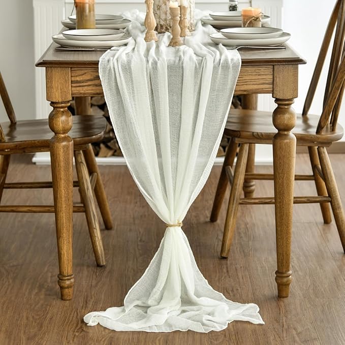 Artoid Mode Boho Cheesecloth Gauze Ivory Wedding Table Runner, 160 Inch Seasonal Fabric Kitchen Dining Holiday Table Decor for Home Party Indoor