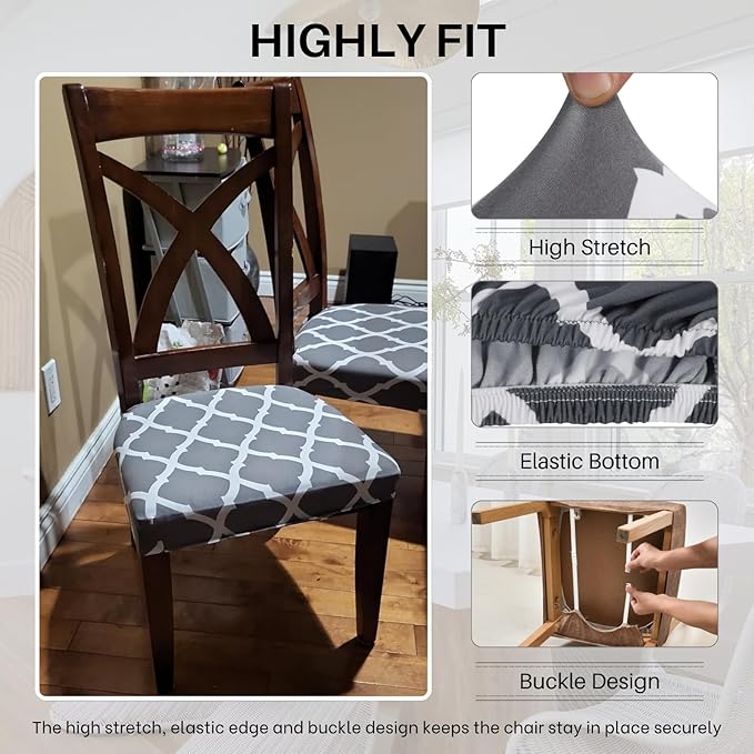 SearchI Stretch Dining Chair Seat Covers Set of 4, Soft Removable Washable Seat Covers for Dining Chairs, Dining Room Protector (Rear-Covered, Grey)