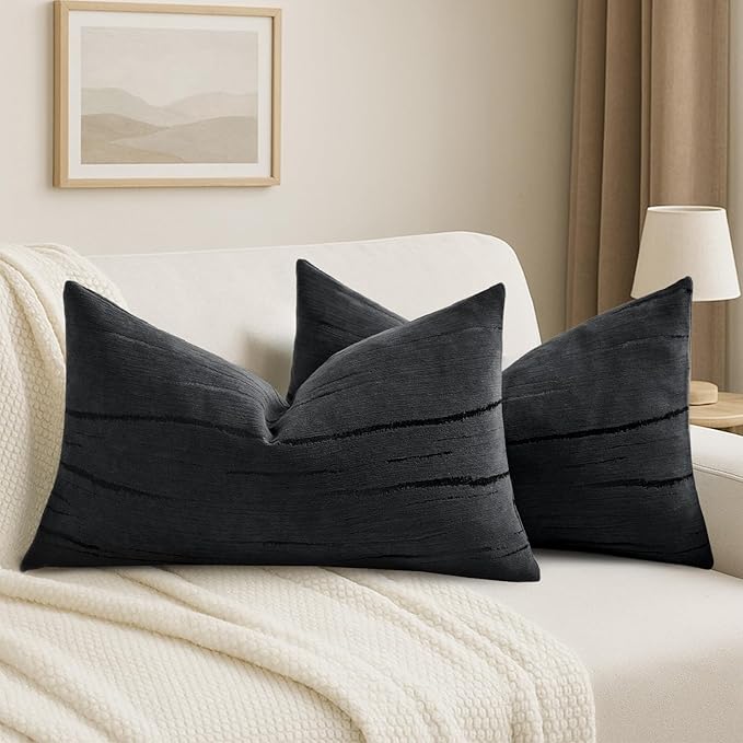 HAUSSY Black Throw Pillow Covers 12x20 Inch Set of 2, Boho Embossed Striped Textured Lumbar Decorative Pillowcases Soft Chenille Cushion Cases, Modern Home Decor for Couch Bed Living Room