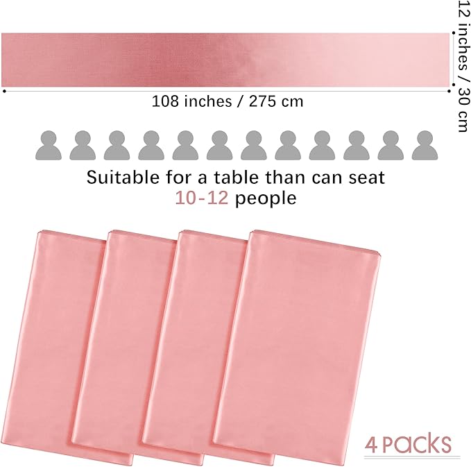 Aneco 4 Pack Satin Table Runner 12 x 108 Inch Long Bright Silk and Smooth Fabric Party Table Runner for Wedding Banquet Party Decoration- Rose Gold