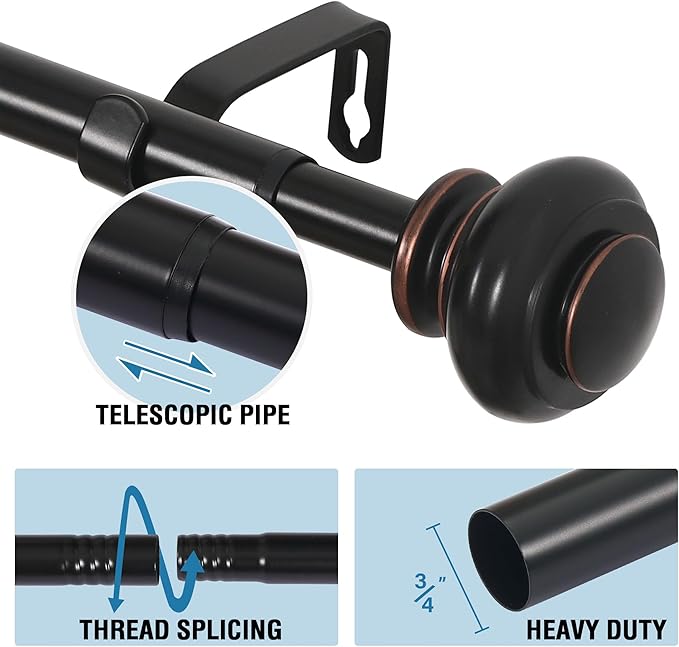 H.VERSAILTEX Curtain Rods for Windows 16.2 to 121.8 Inches 3/4 inch Diameter Adjustable Decorative Telescoping Curtain Rod with Brackets Heavy Duty Splicing Window Rods with Classic Finials, Black