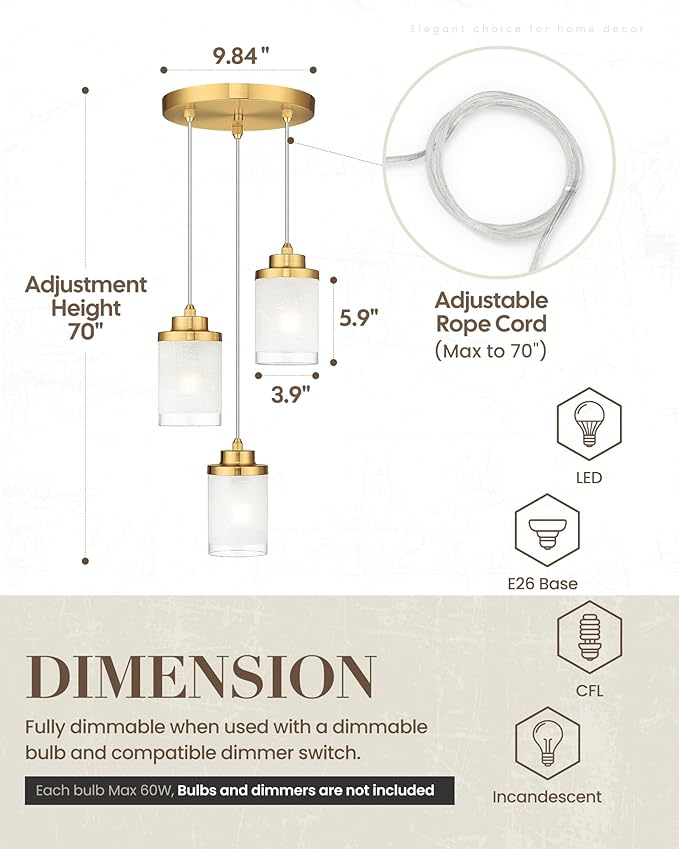 TENGXIN Pendant Lights,3-Light Brushed Gold Pendant Light for Kitchen Island,Hanging Lamp Ceiling Light Fixture, Farmhouse Pendant Lighting for Dining Room Bedroom