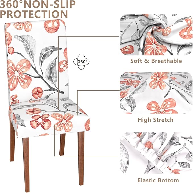 Stretch Dining Chair Covers Set of 6,Floral Print Chair Covers,Soft Removable Washable,Pet Friendly Furniture Protector,Universal Chair Slipcovers for Home, Kitchen,Ceremony Dining Room Seat