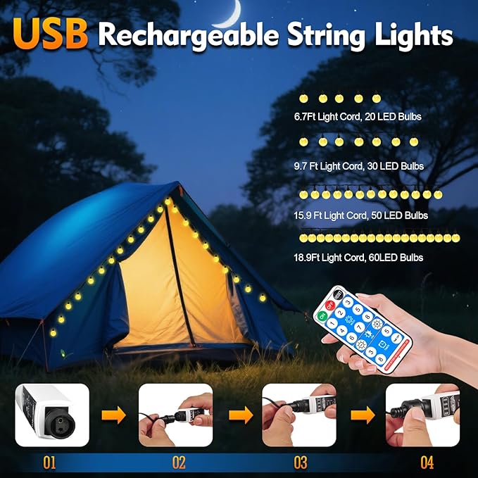 SMY Lighting 25FT Rechargeable Battery Operated 60 LED Crystal Globe String Lights Outdoor/Indoor, Patio Hanging Lights with Remote Timer,Waterproof 8 Lighting Modes for Camping Garden Christmas Decor