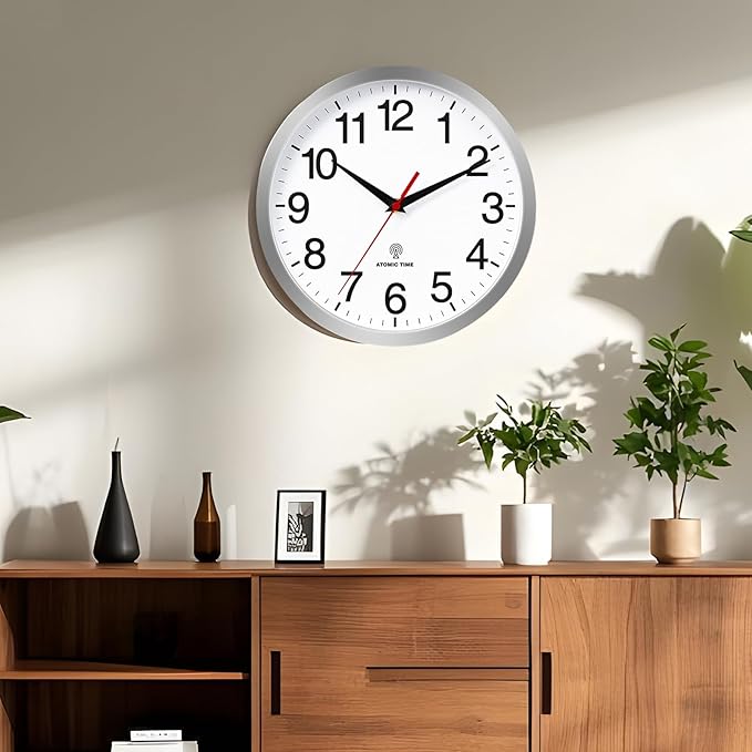 Atomic Wall Clock Modern 10 Inch Battery Operated Analog Clock Decorative for Bedroom Kitchen Bathroom Office Home Living Room (Silver)
