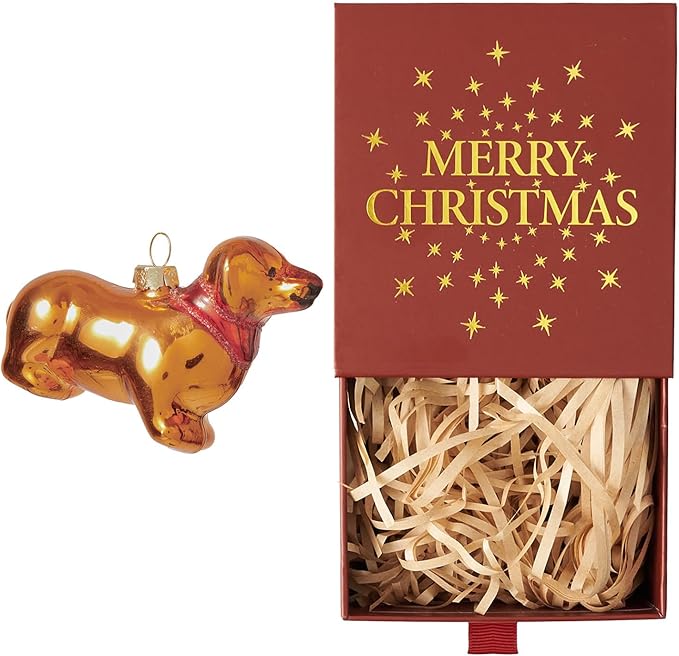 WDS WONDROUS Puppy Ornaments for Christmas Tree, Glass Dog Ornament Cute, Unique Gold Christmas Decor, Xmas Ornaments for Tree Winter Holiday Decor(3.54”)