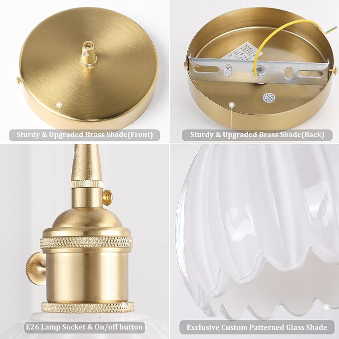 Pendant Light 2 Pack with White Tulip Glass Lmapshade, Brass Vintage Pendant Light Adjustable Hanging Light for Kitchen Island Dining Room Hallway