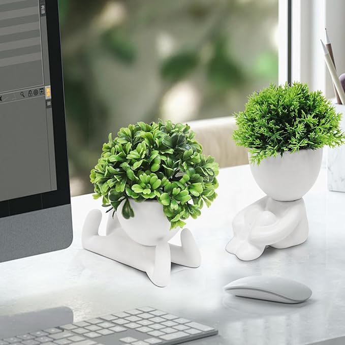 MAKHOT 4 Packs Creative Fake Plants Artificial Succulents Plants in Ceramic Human Shaped Pots, Cute Faux Succulents Mini Plant for Room Bathroom Home Office Desk Accessories Decor(White)