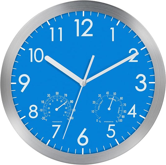 WOOPHEN 12“ Silent Wall Clock, Battery Operated Non Ticking Glass Cover Silver Aluminum Frame Wall Clocks for Office, Home, Bathroom, Kitchen, Bedroom, School, Living Room (Blue)