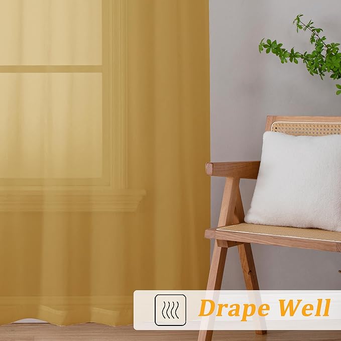 Gwine Gold Sheer Curtains 72 Inches Long 2 Panels Set for Front Door, Light Filtering Sheer Curtains for Living Room, Lightweight Rod Pocket Window Treatments Drapes, Each 42" Wx72 L