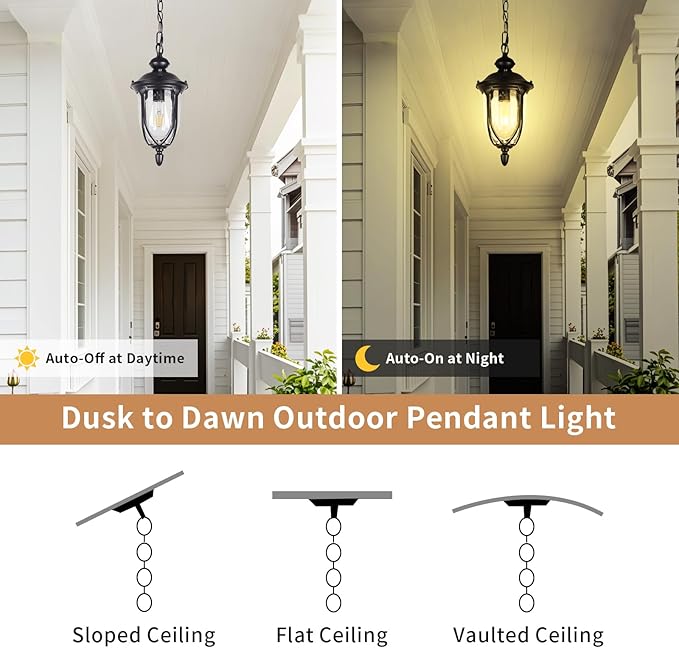 JYZ Vintage Dusk to Dawn Outdoor Hanging Lantern, 17 Inch Rustic Exterior Pendant Light Fixture with Seeded Glass, Antique Black Ceiling Mount Chandelier for Porch, Patio, Gazebo, Entryway JYOPL04-L
