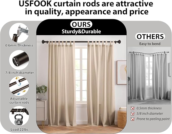 Bronze Curtain Poles for Windows 66 to 120 Inch(5.5 to 10ft), USFOOK 7/8 Inch Decorative Single Curtain Rod Set, Long Heavy Duty Drapery Rods 32 to 120, Square Finials