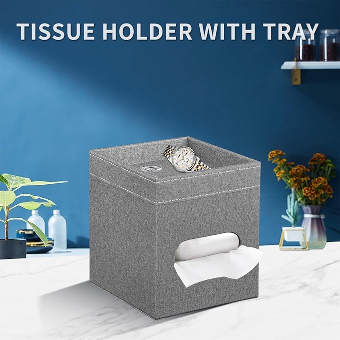 PU Leather Square Tissue Box Cover with Storage Tray,Modern Decorative Tissue Holder for Bathroom Vanity Night Stands, Office Desk,Stylish Tissue Holder for Home & Office Décor