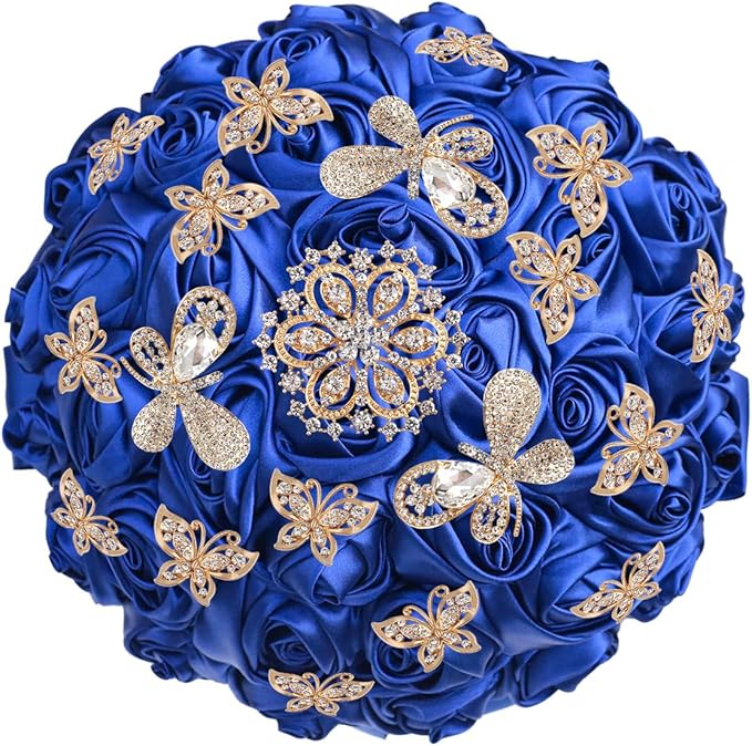 Handmade Floral Satin Rose Butterfly Shape Rhinestone Bridal Bouquet Luxury Golden Rhinestone Artificial Flowers for Wedding