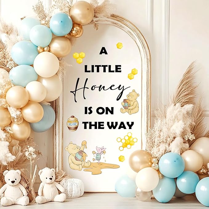 Winnie Baby Shower Wall Decals, Waterproof Stickers for Baby Shower Party, Gender Reveal Sign for Arch Backdrop, A Little Honey is on The Way Wall Decoration for Nursery Home