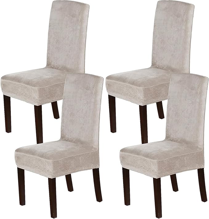 H.VERSAILTEX Velvet Dining Chair Covers Stretch Chair Covers for Dining Room Set of 4 Parson Chair Slipcovers Chair Protectors Covers Dining, Soft Thick Solid Velvet Fabric Washable, Oatmeal