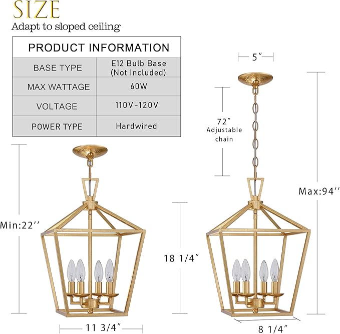 Untrammelife 4-Light Gold Lantern Pendant Light, Adjustable Height Metal Geometric Light Fixture 12’’ Classic Cage Lantern Chandelier for Kitchen Island Hallway, Hand-Pasted Gold Foil Finish