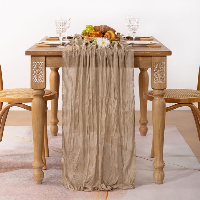 MLMC Nude Cheesecloth Table Runner 10ft Boho Gauze Taupe Cheese Cloth Table Runner Rustic Neutral Centerpiece Decor 35x120 Inches for Wedding Farmhouse Reception Home Decor