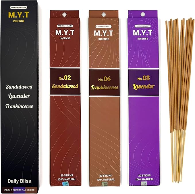 M.Y.T Natural Incense Sticks – Sandalwood, Lavender, Frankincense – Long-Lasting, Low Smoke – Relaxation, Meditation, Odor Removing – 60 Sticks