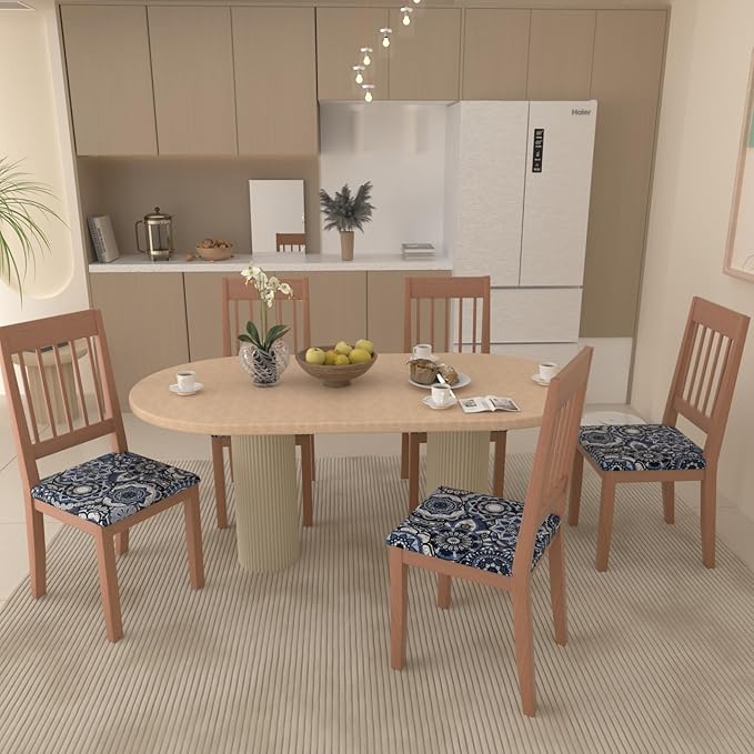 Stretch Dining Chair Seat Covers Set of 6,Dining Chair Slipcovers, Floral Printed Chair Covers,Soft Fabric Washable Upholstered Chair Seat Protector, No Rear Covers for Home Kitchen Dining Room