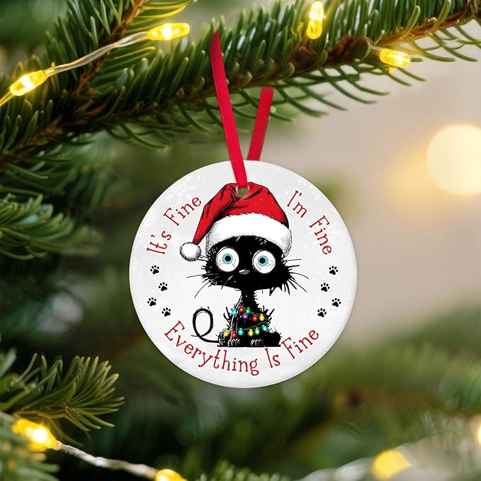 Everything is Fine Cat Ornament – Black Cat Ceramic Hanging Decor 2025, Funny Christmas Ornaments, Coworker Office Keepsake Gift