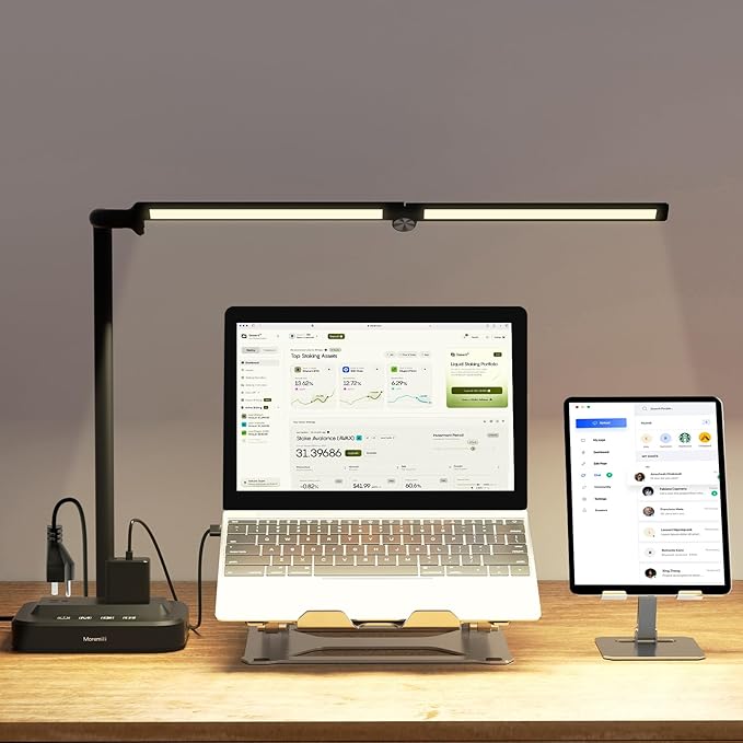 Adjustable LED Desk Lamp for Home Office | Integrated Power Hub with 2 Wide-Spaced AC Outlets, USB-C & USB-A Charging Ports | Anti-Glare Light, Foldable Design & Surge Protection