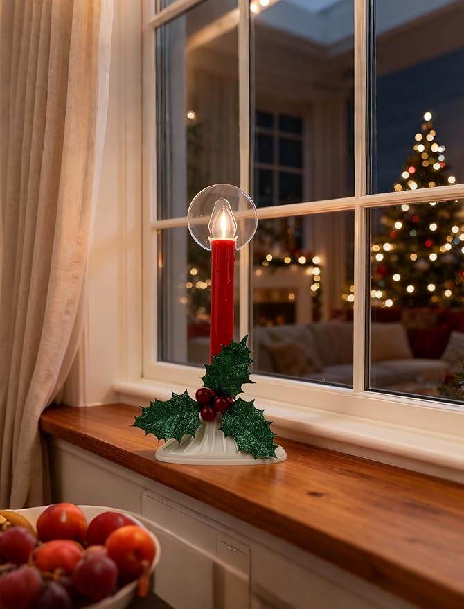 Plug in Electric Christmas Window Candles, 2-Pack with 2 Extra Bulbs, Red Taper Candle Lamp with 2200K Warm White Glow for Windows, Festive Party & Holiday Decorations