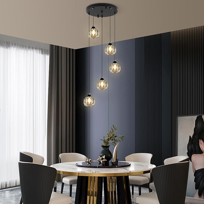 Crystal Chandeliers for Dining Room Lights Fixture Over Table, 5-Light Black Modern Pendant Light Fixture，Crystal Chandeliers for Living Room Kitchen Island Staircases Foyer Hallway Bar