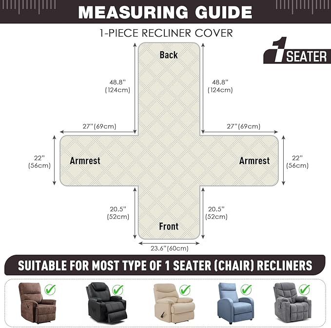 TAOCOCO 100% Waterproof Recliner Chair Cover, Non Slip Recliner Covers for Recliner Chair with Pocket, Washable Reclining Chair Cover Furniture Protector for Kids, Pets(23.6'', Coffee)