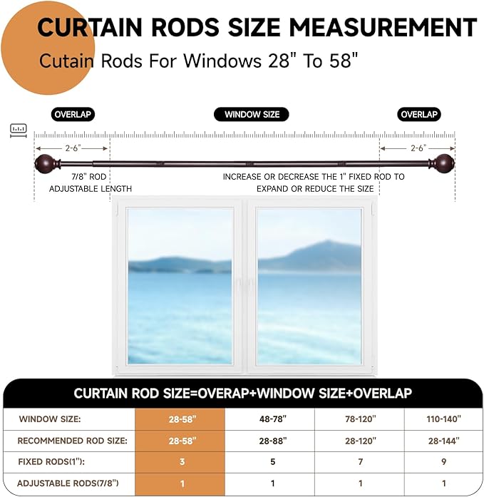 Red Wood Curtain Rods for Windows 28 to 48 Inches,1 inch Heavy Duty Window Curtain Rod with Imitation Woods Grain Finials,Decorative Drapery Rods Adjustable, 28"-58"(2.3-4.8ft)