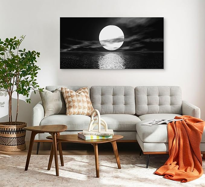 Cao Gen Decor Art S06498 Wall Art Canvas Sea White Full Moon in Night Picture Canvas Poster Print Black and White Ocean for Living Room Bedroom Kitchen Home Decorations Framed Artwork