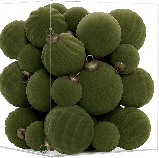 XmasExp 36PCS Velvet Christmas Ornaments Set Mixed Flocked Balls Ornaments Shatterproof Christmas Tree Decorations for Holiday,Party,Home（Green）