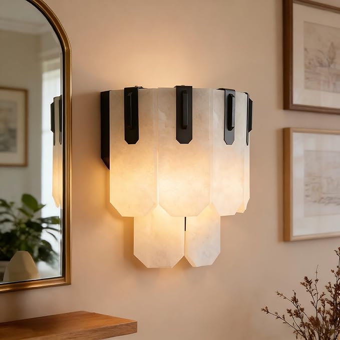Modern Wall Sconce with Alabaster Shade - Piano Key Design Bathroom Vanity Light for Mirror, Bedroom, Hallway | Hardwired, E12 Bulb, Steel Frame (12" W)