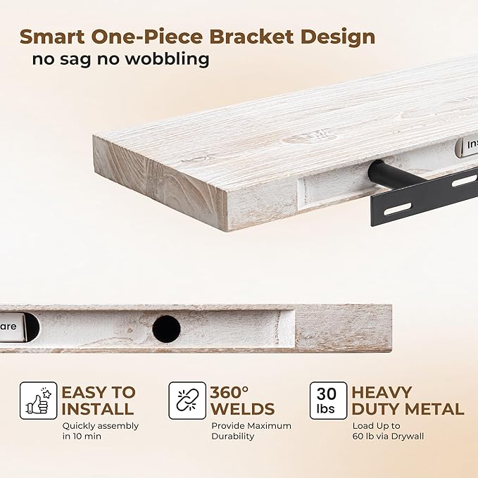 Axeman Floating Shelves for Wall - 40''W x 8'' D Rustic Solid Elm Wood Shelves for Storage, Wall Mounted Display Shelving with Invisible Heavy-Duty Metal Bracket (White Wash, 2PCs)