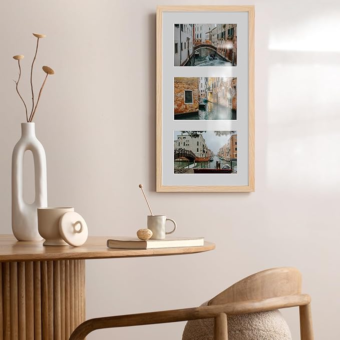 9x18 Oak Wood Picture Frame - 9x18 Photo Frame with Mat Display 3Pcs 5x7 Photos, 5x7 Picture Frame Wood, Natural Solid Wooden Picture Frames for Wall Art Photo and Prints(3 Pack, Beige)