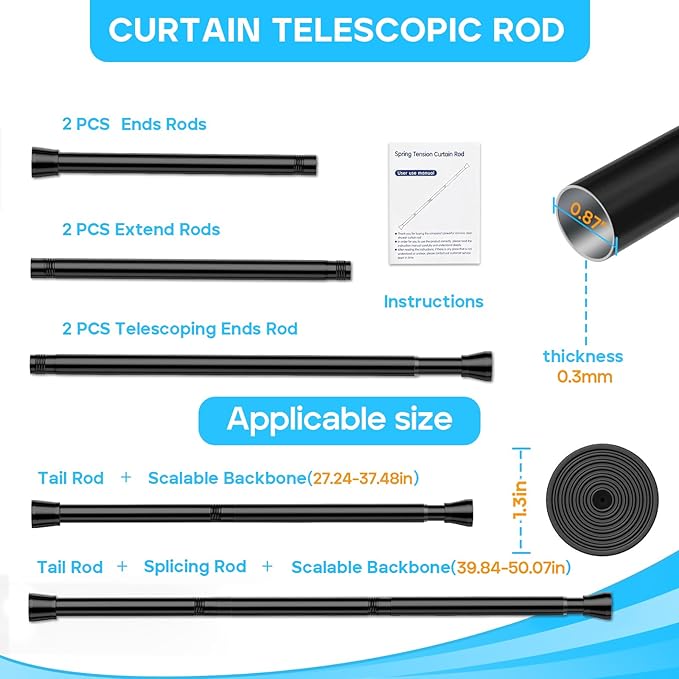 2PCS Spring Tension Curtain Rod 28 To 48 Inch Adjustable Expandable Black Tension Rod 7/8" Shower Curtain Rods No Drilling Spring Loaded Curtain Rod for Windows Bathroom Closet Bedroom Doorway Door