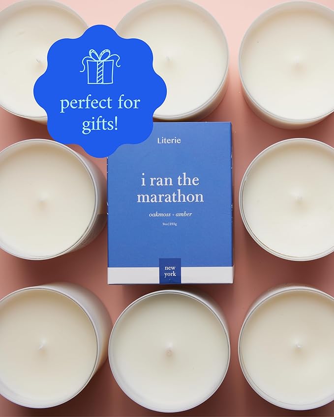 Literie NYC Inspired Scented Candle: I Ran The Marathon - Oakmoss & Amber Scent, 9oz, 50 Hour Burn, Vegan Soy & Coconut Blend Candle for Home Decor, Gift for Women & Men