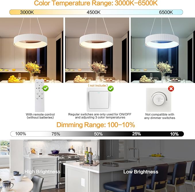Modern LED Chandelier-18.5" White Dimmable Circular LED Pendant Light 1 Ring with Remote, Round Hanging Light for Kitchen Island, Dining Room, Living Room, Foyer, Entryway