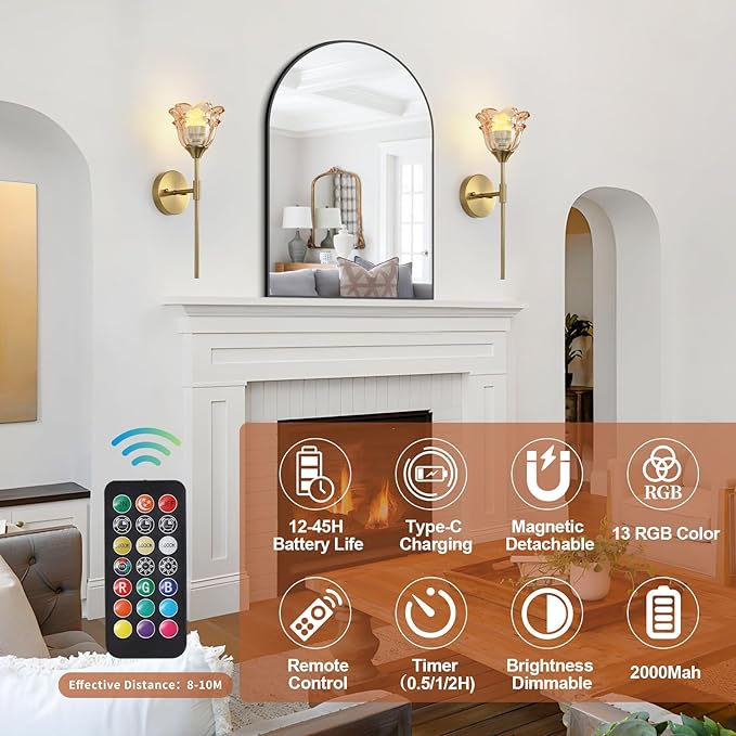 2 Pack Battery Operated Wall Sconce with Amber Glass Shades, Wireless Rechargeable RGB Wall Light with Remote Control, for Bedroom Mirror Living Room, ETL Listed