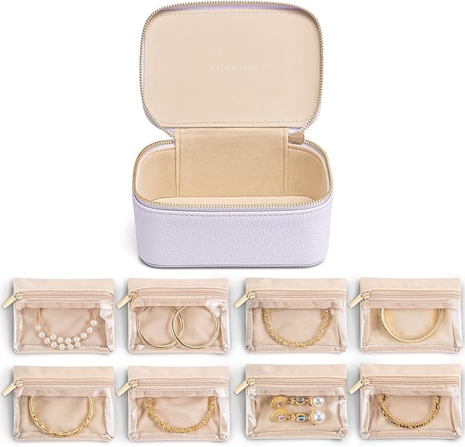 Vlando Travel Jewelry Case with 8 Velvet Jewelry Bags Travel Jewelry Storage Box Jewelry Organizer for Necklace Rings Earrings Teen Girls Gifts Trendy Stuff -Purple