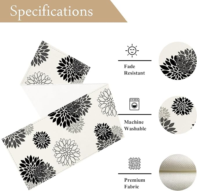 Black Gray Table Runner Dahlia Pinnata Flower Beige Table Runners Modern Elegant Pompon Farmhouse Geometric Coffee Table Center Decor for Home Kitchen Dining Party 13 x 72 Inch
