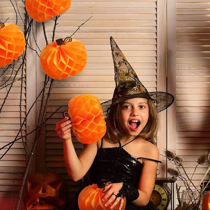 HGJST 6 Pack Paper Pumpkin Honeycomb Pumpkin Centerpieces 3D Tissue Pumpkins 10.2 Inch Hanging Decoration for Halloween/Thanksgiving Fall Festival Party Supplies